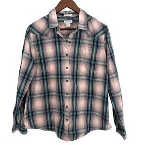 Ariat women Billie Jean plaid button down shirt XL embroidered pink teal western